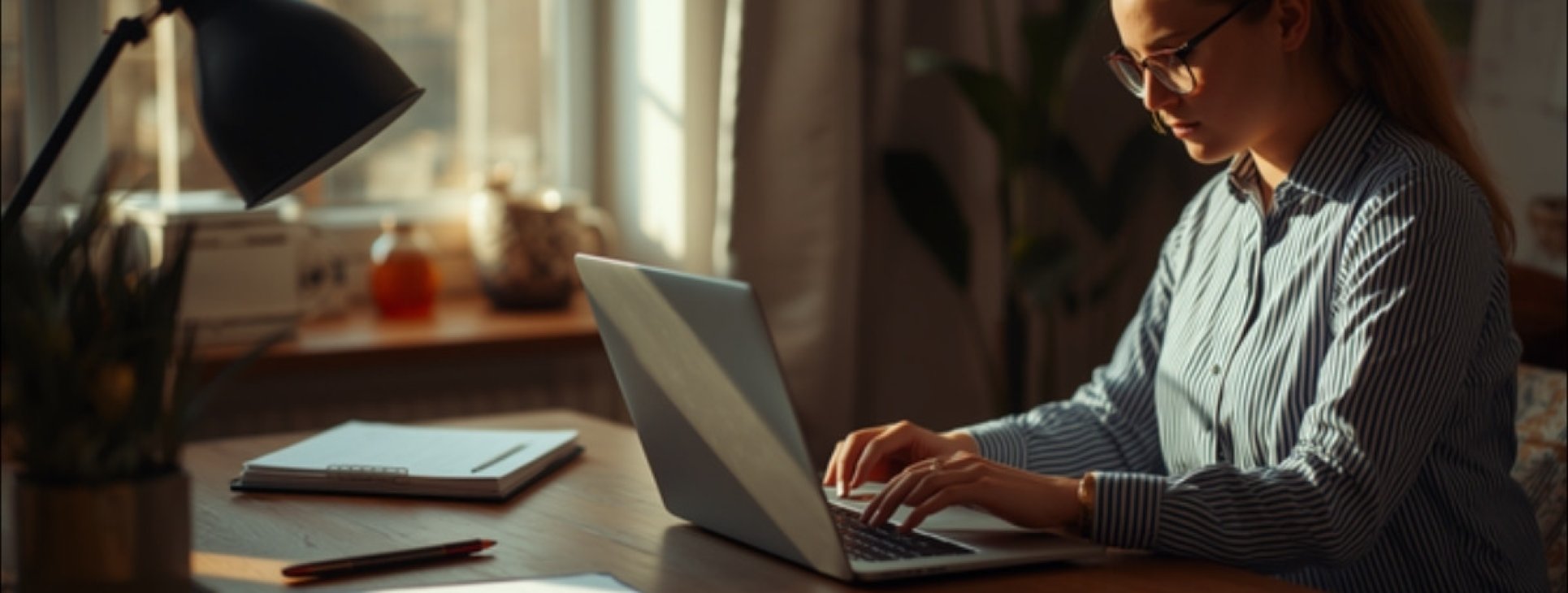 Professional working on a laptop at a home office desk