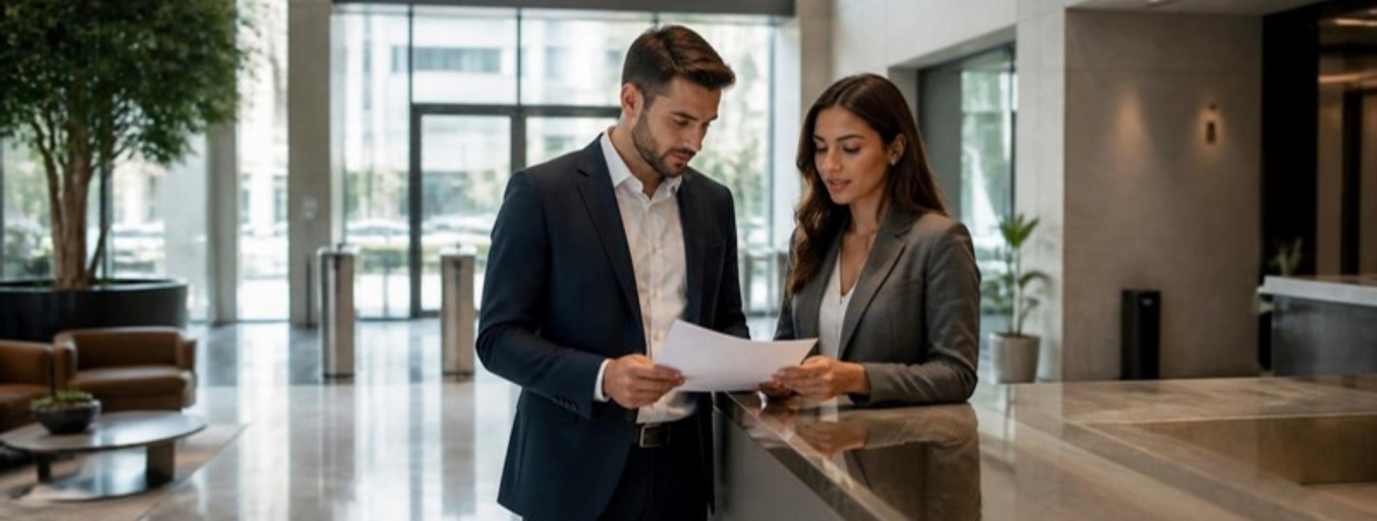 Business professionals reviewing registered office address Israel paperwork in a modern Tel Aviv office lobby