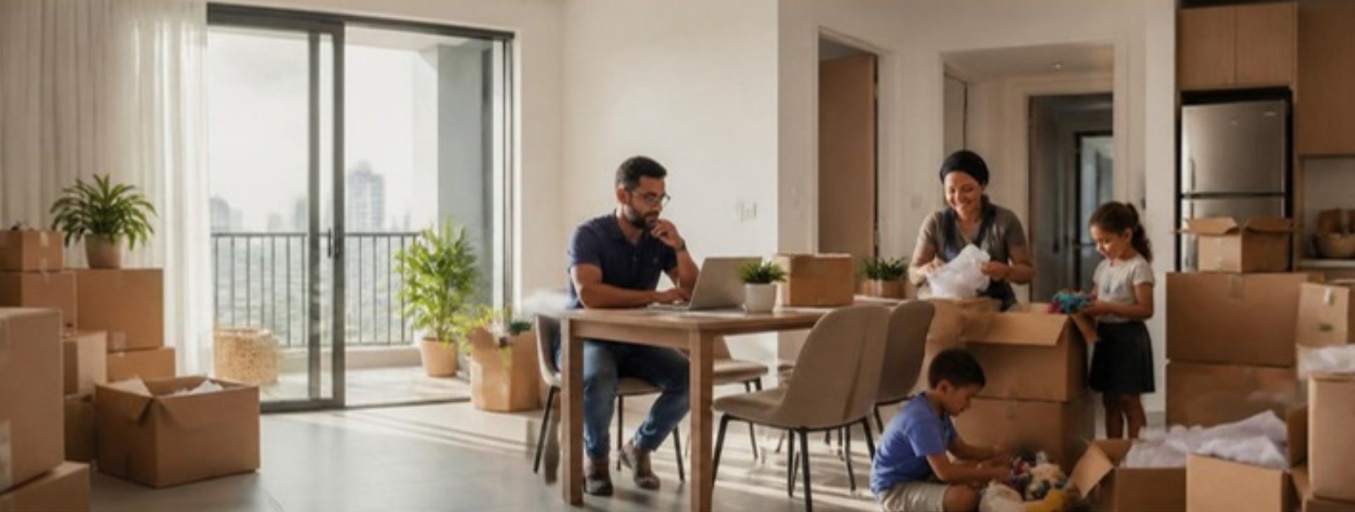 New immigrant family unpacking in their new Israeli apartment while planning sal klita and working in Israel
