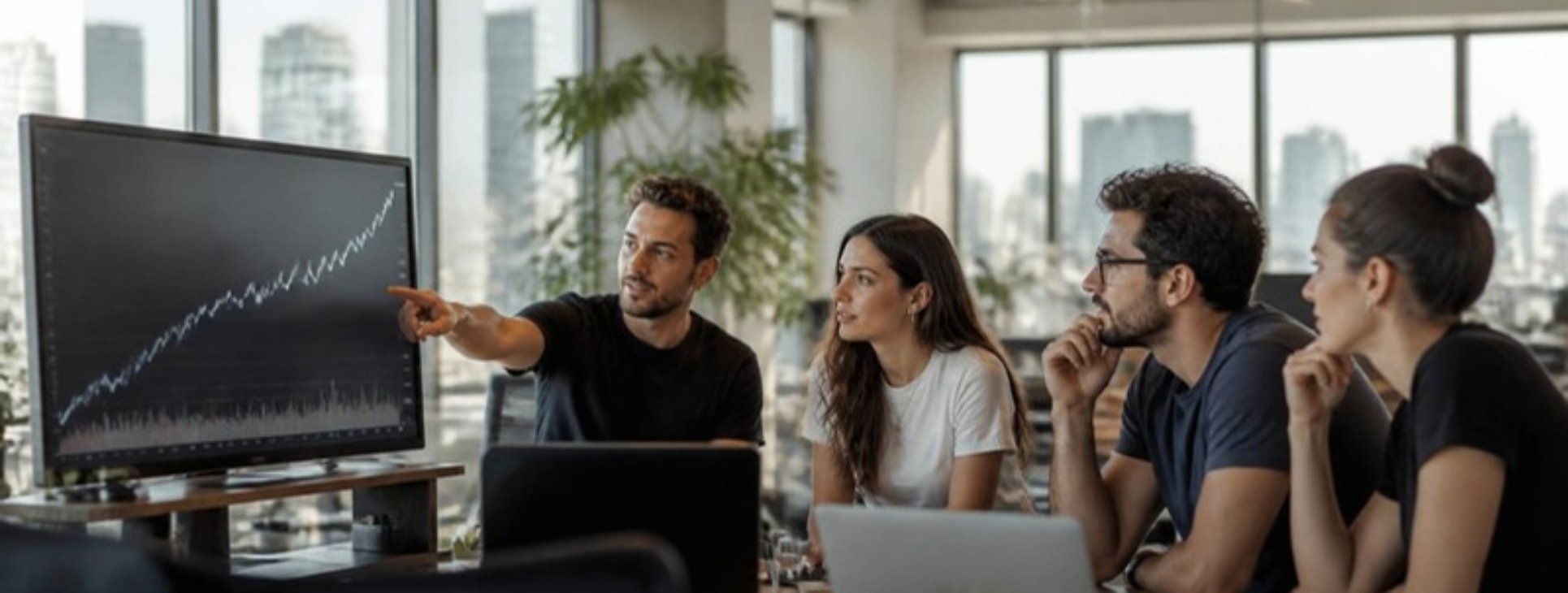 Tel Aviv startup team reviewing an equity growth chart, discussing stock options for Israeli EOR employees