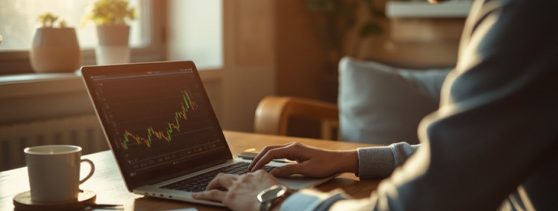 Professional reviewing an investment growth chart on a laptop
