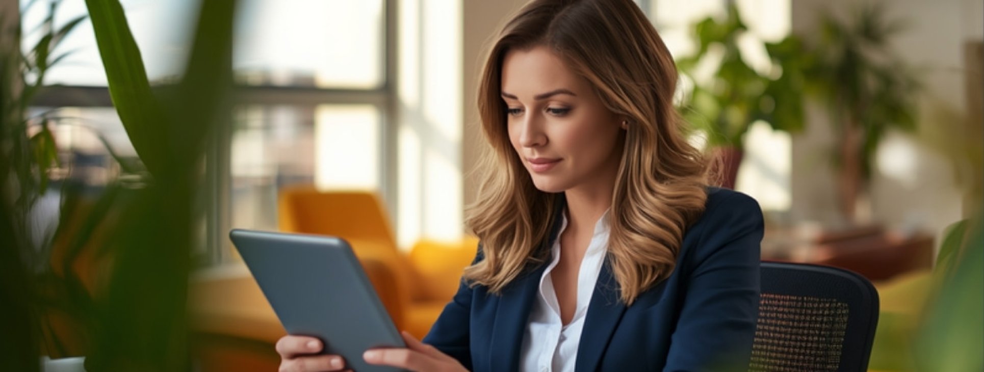 Businesswoman reviewing options on a tablet in a modern office