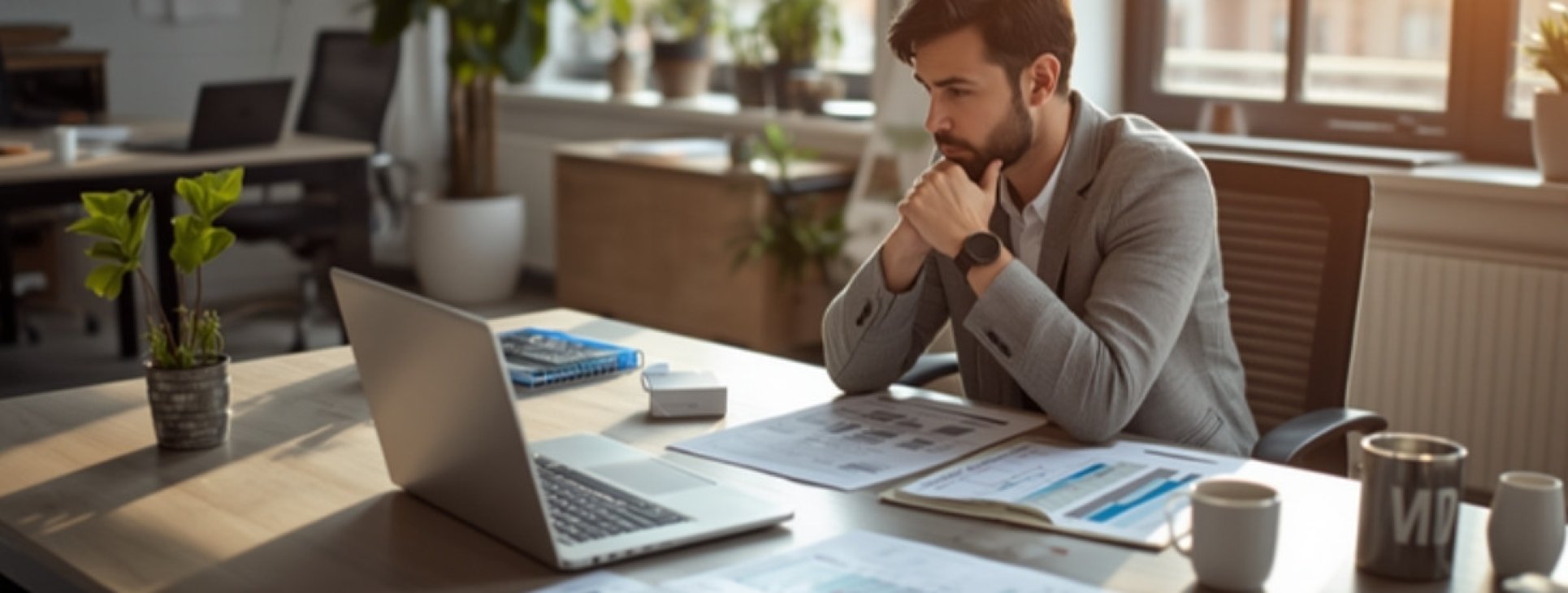 Finance professional reviewing budget charts at a desk